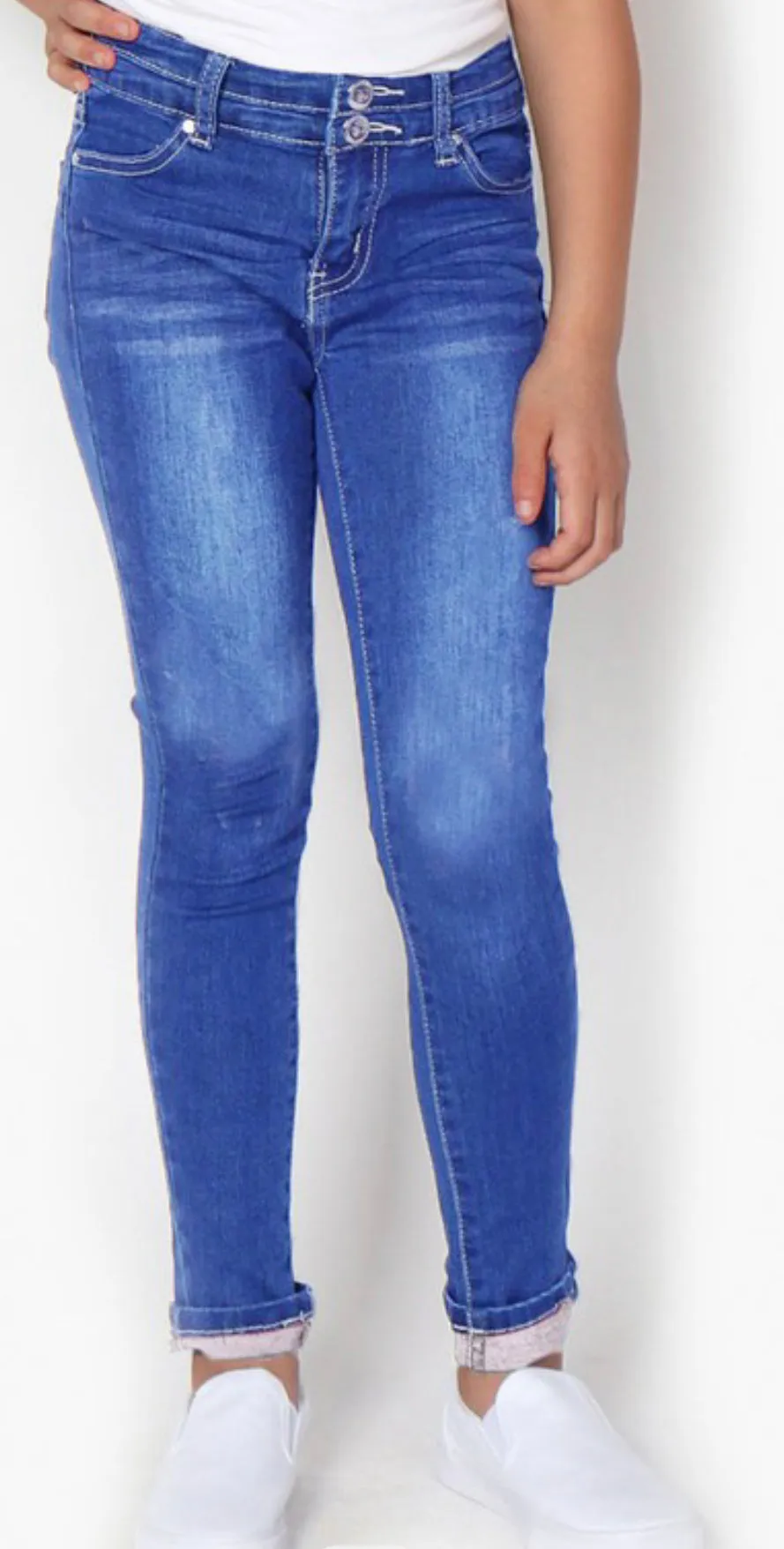 Girl's Super Yummy  Denim Wash Basic Jeans w/ 2 button Waistband and Roll-up