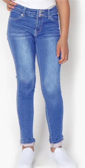 Girl's Super Yummy  Denim Wash Basic Jeans w/ 2 button Waistband and Roll-up