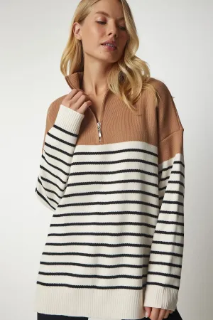 High Collar Striped Zipper Knitwear