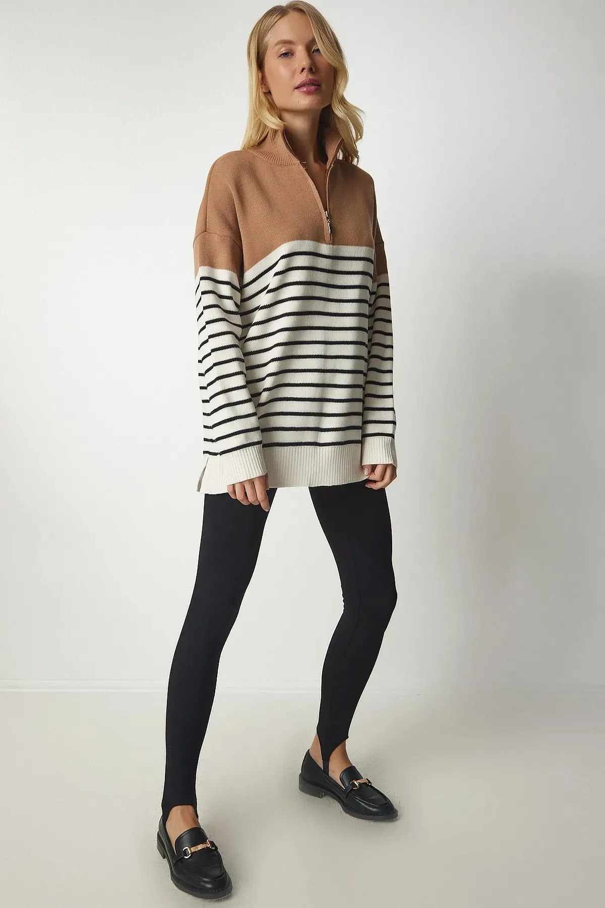 High Collar Striped Zipper Knitwear