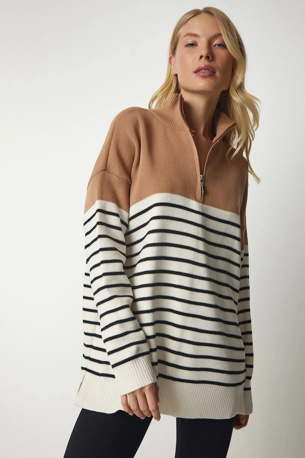 High Collar Striped Zipper Knitwear