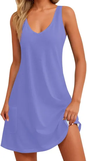 hlysgo Modest Dresses for Women 2025 Summer Knee Length Beach Coverup Sundress Casual Loose Fit Sleeveless V Neck Mini Dress