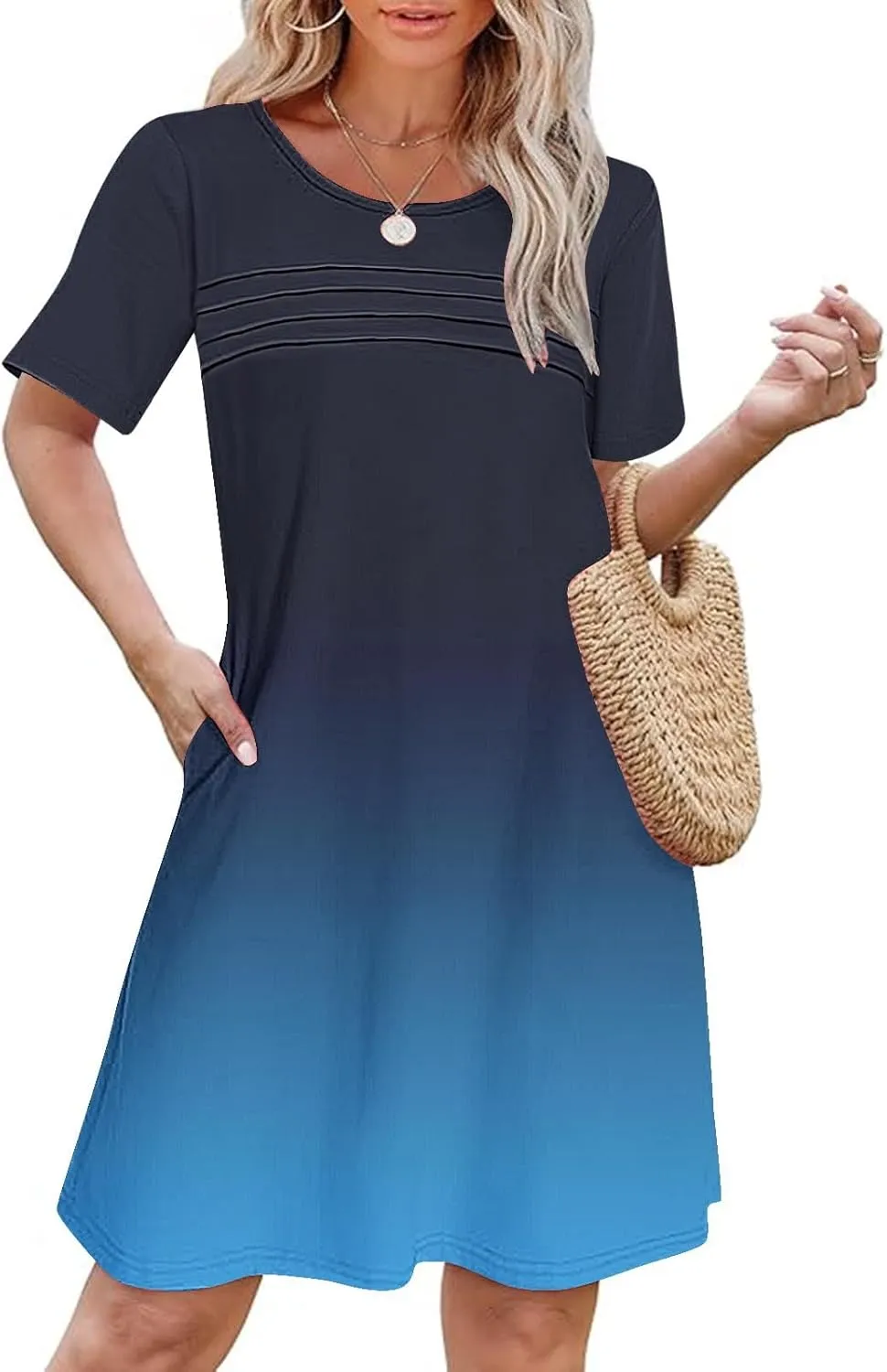 hlysgo Summer Dresses for Women 2025 Trendy Tie-Dye Print Short Sleeve Crew Neck Ruched Dress Beach Mini Dress with Pockets