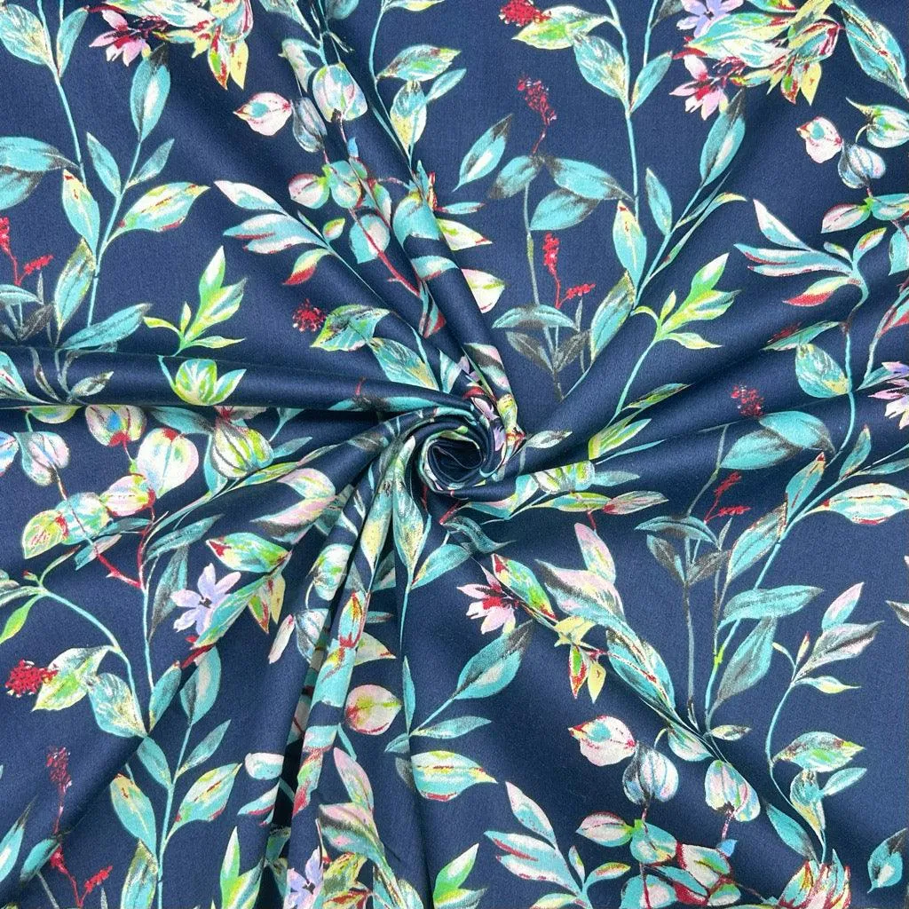 Icy Leaves on Navy Cotton Sateen Fabric