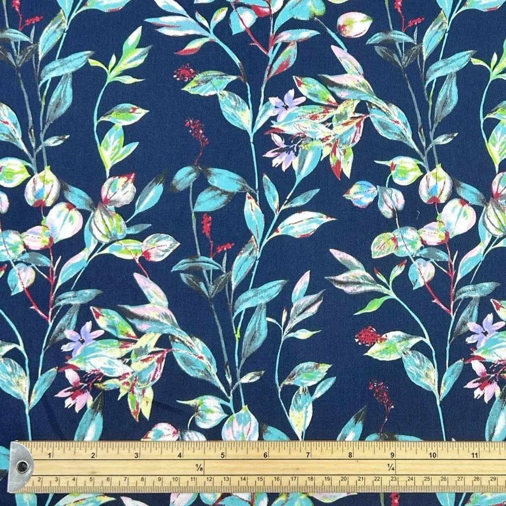 Icy Leaves on Navy Cotton Sateen Fabric