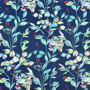 Icy Leaves on Navy Cotton Sateen Fabric