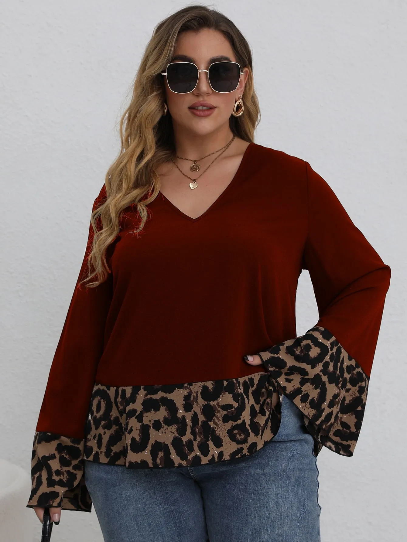 Leopard Ruffle Hem Long Sleeve V Neck Regular Plus Size Blouse