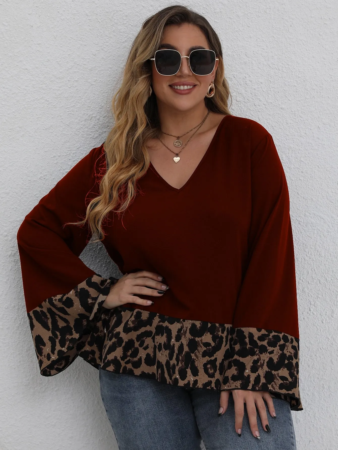 Leopard Ruffle Hem Long Sleeve V Neck Regular Plus Size Blouse