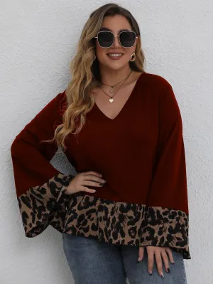 Leopard Ruffle Hem Long Sleeve V Neck Regular Plus Size Blouse