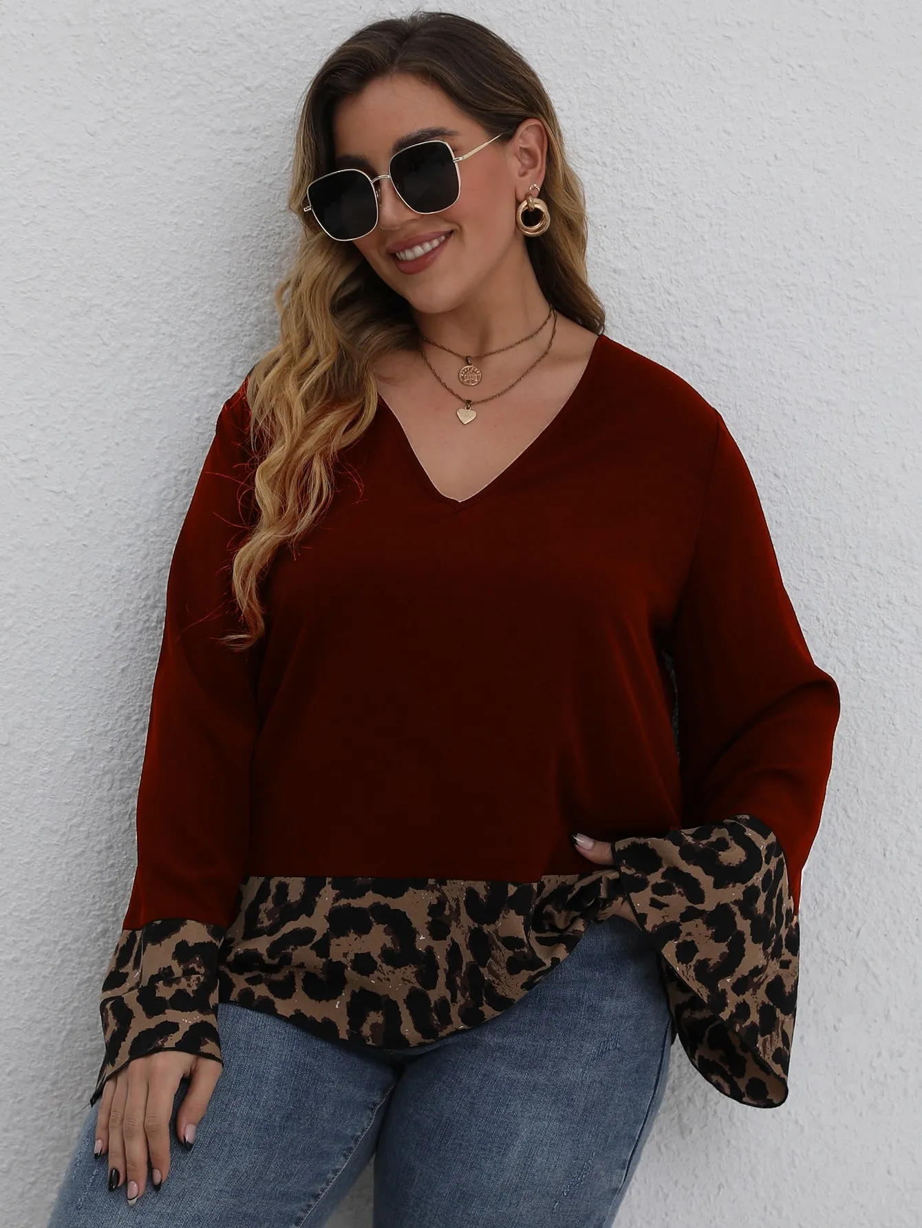 Leopard Ruffle Hem Long Sleeve V Neck Regular Plus Size Blouse