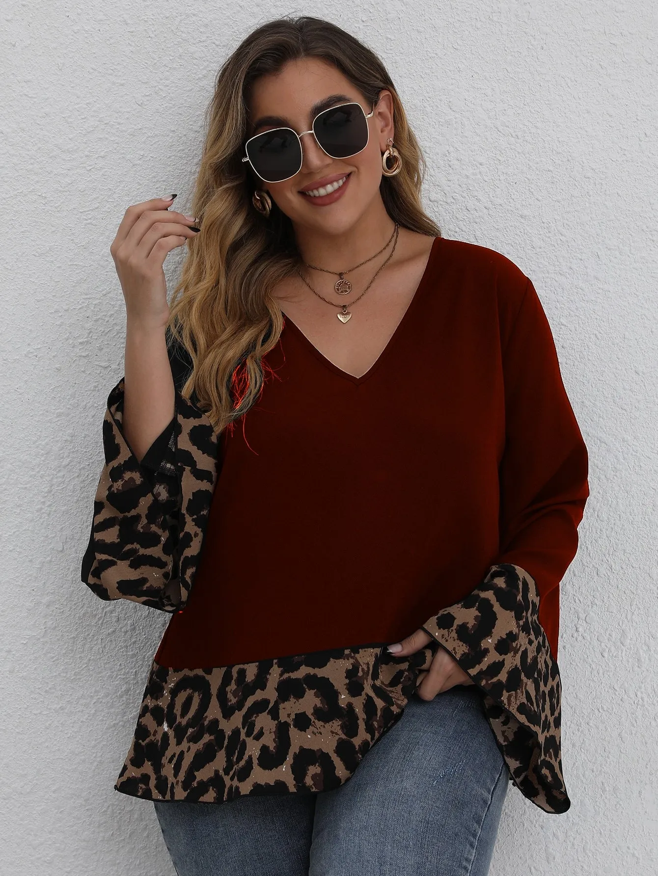 Leopard Ruffle Hem Long Sleeve V Neck Regular Plus Size Blouse