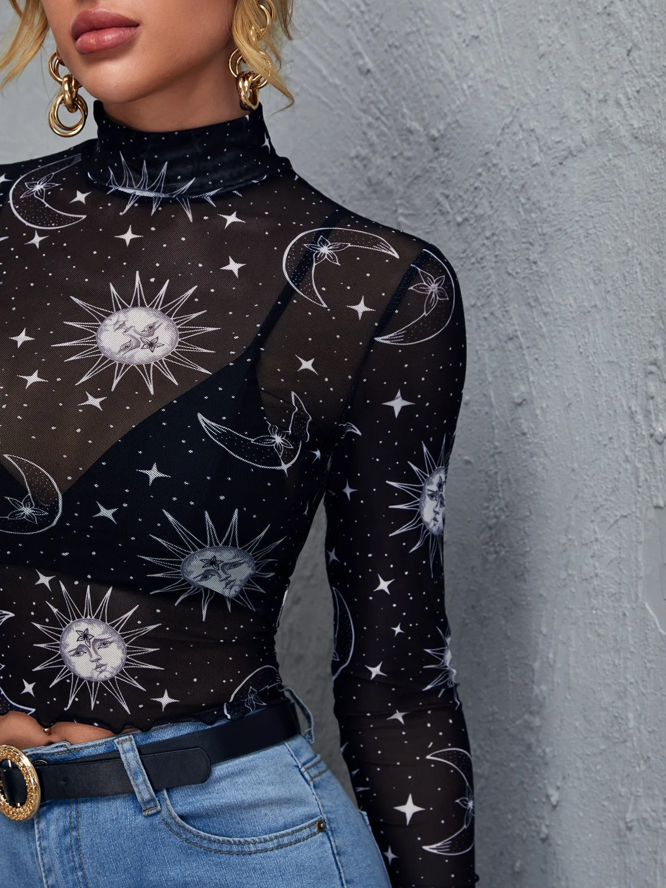 Lettuce Trim Galaxy Sheer Mesh Top Without Bra