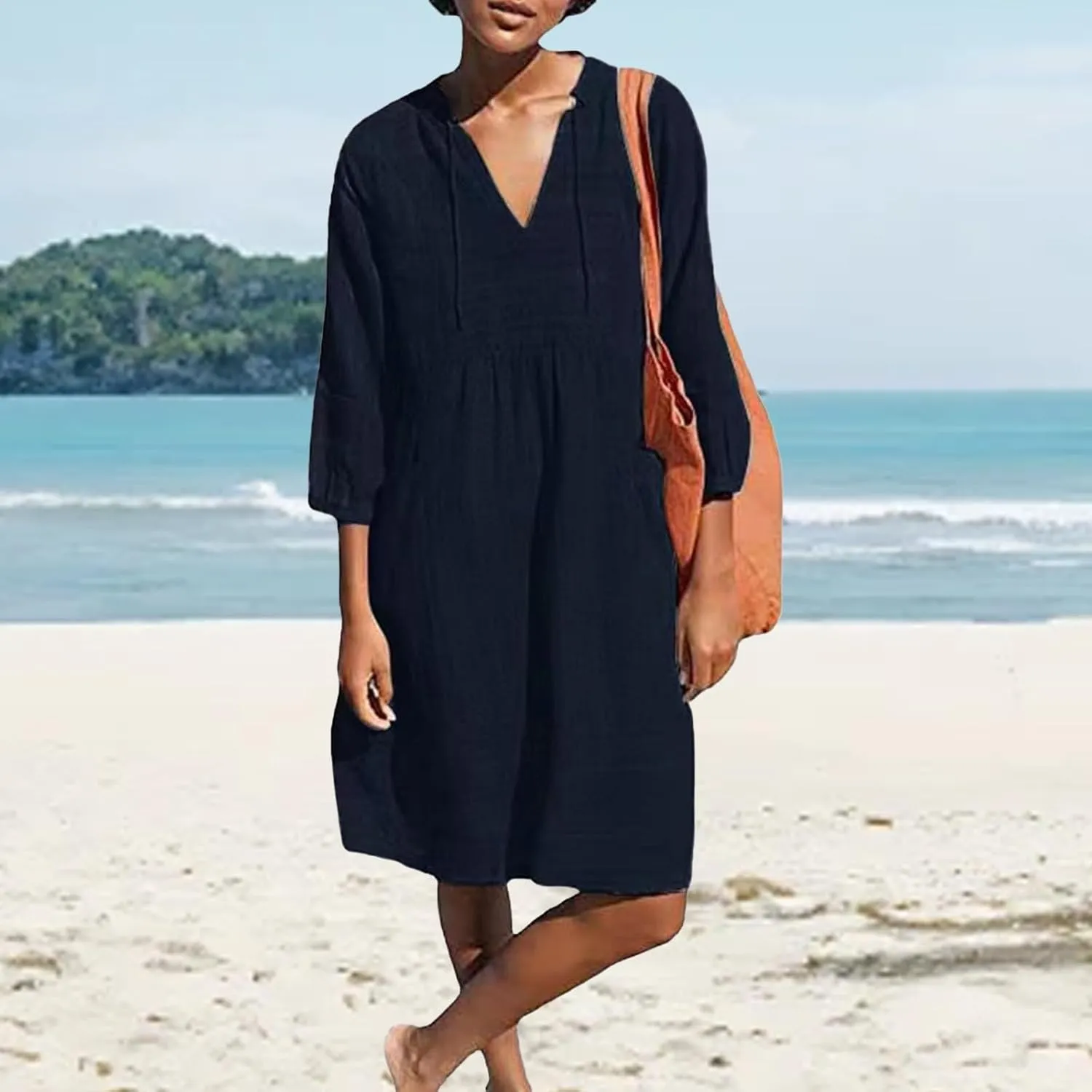Linen Dresses for Women 2025 Summer Vacation Beach Shift Dress V Neck 3/4 Sleeve Midi Dress Casual Tunic Dresses