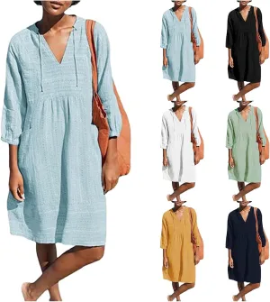 Linen Dresses for Women 2025 Summer Vacation Beach Shift Dress V Neck 3/4 Sleeve Midi Dress Casual Tunic Dresses