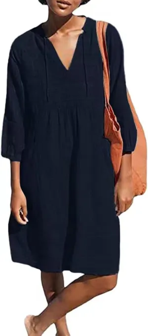 Linen Dresses for Women 2025 Summer Vacation Beach Shift Dress V Neck 3/4 Sleeve Midi Dress Casual Tunic Dresses