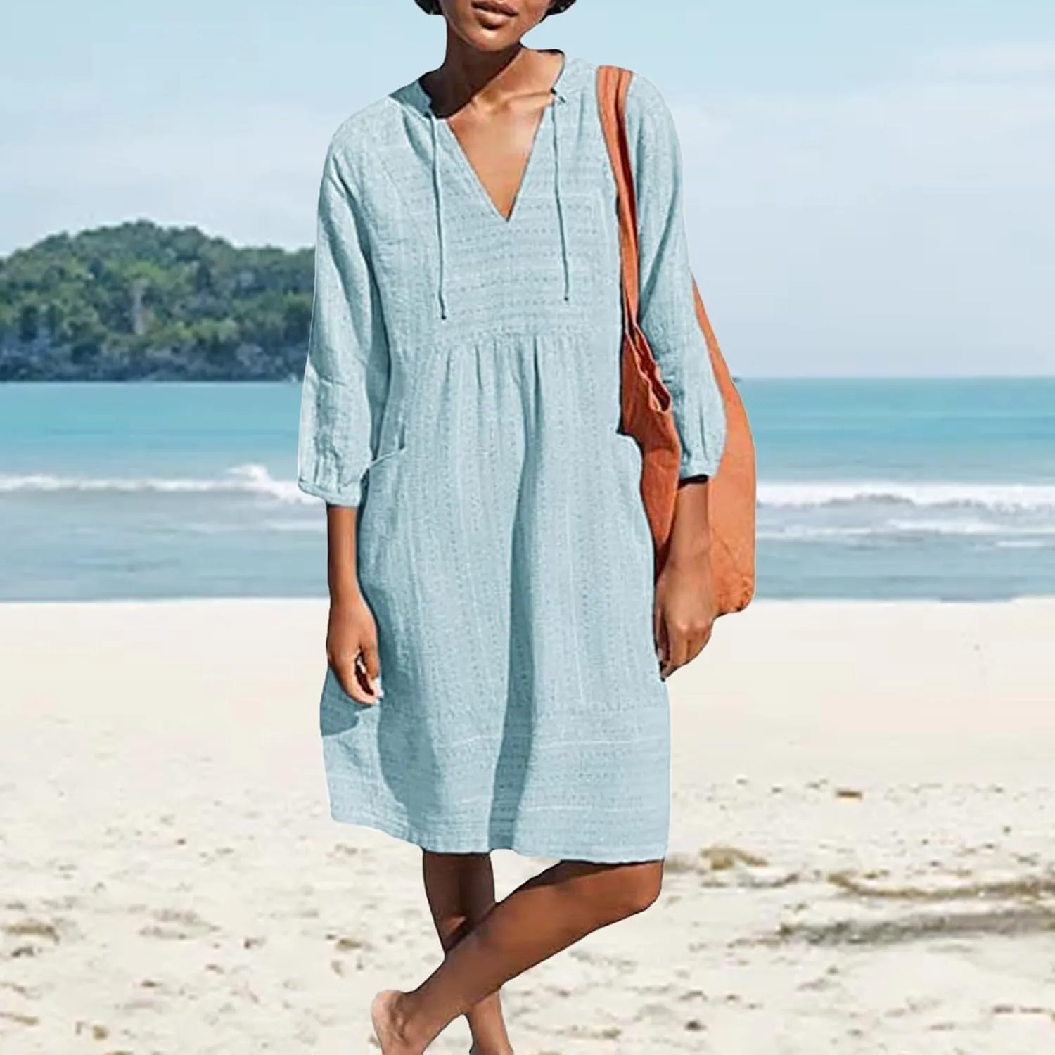 Linen Dresses for Women 2025 Summer Vacation Beach Shift Dress V Neck 3/4 Sleeve Midi Dress Casual Tunic Dresses