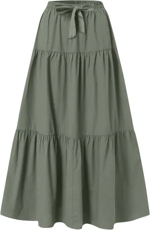 Linen Skirts for Women 2025 Casual Summer Bow High Waisted Tiered Maxi Skirt Flowy Vacation Beach Long Pleated Skirt