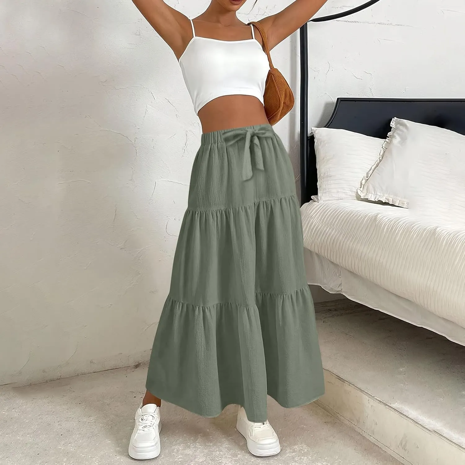 Linen Skirts for Women 2025 Casual Summer Bow High Waisted Tiered Maxi Skirt Flowy Vacation Beach Long Pleated Skirt