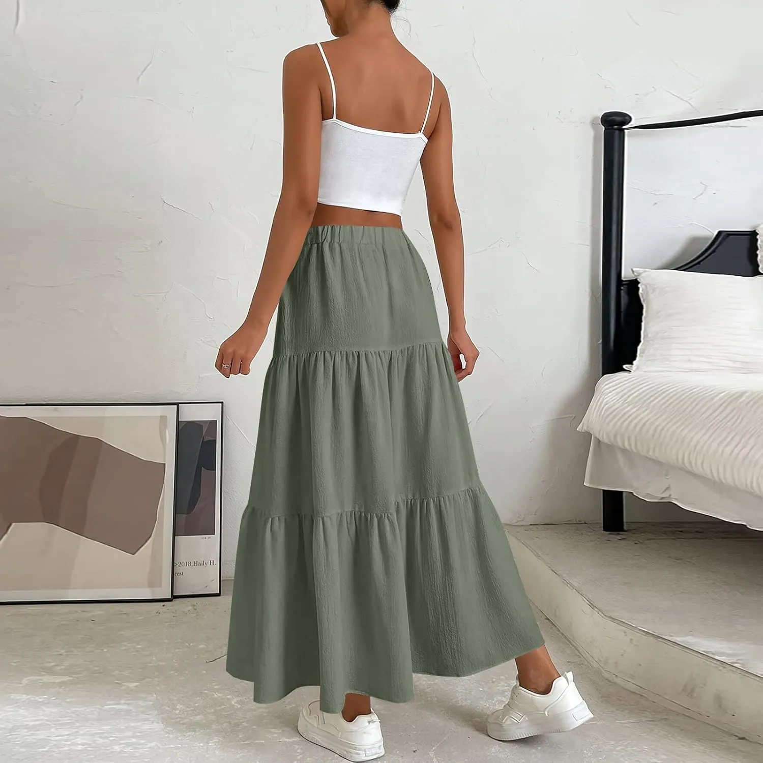 Linen Skirts for Women 2025 Casual Summer Bow High Waisted Tiered Maxi Skirt Flowy Vacation Beach Long Pleated Skirt