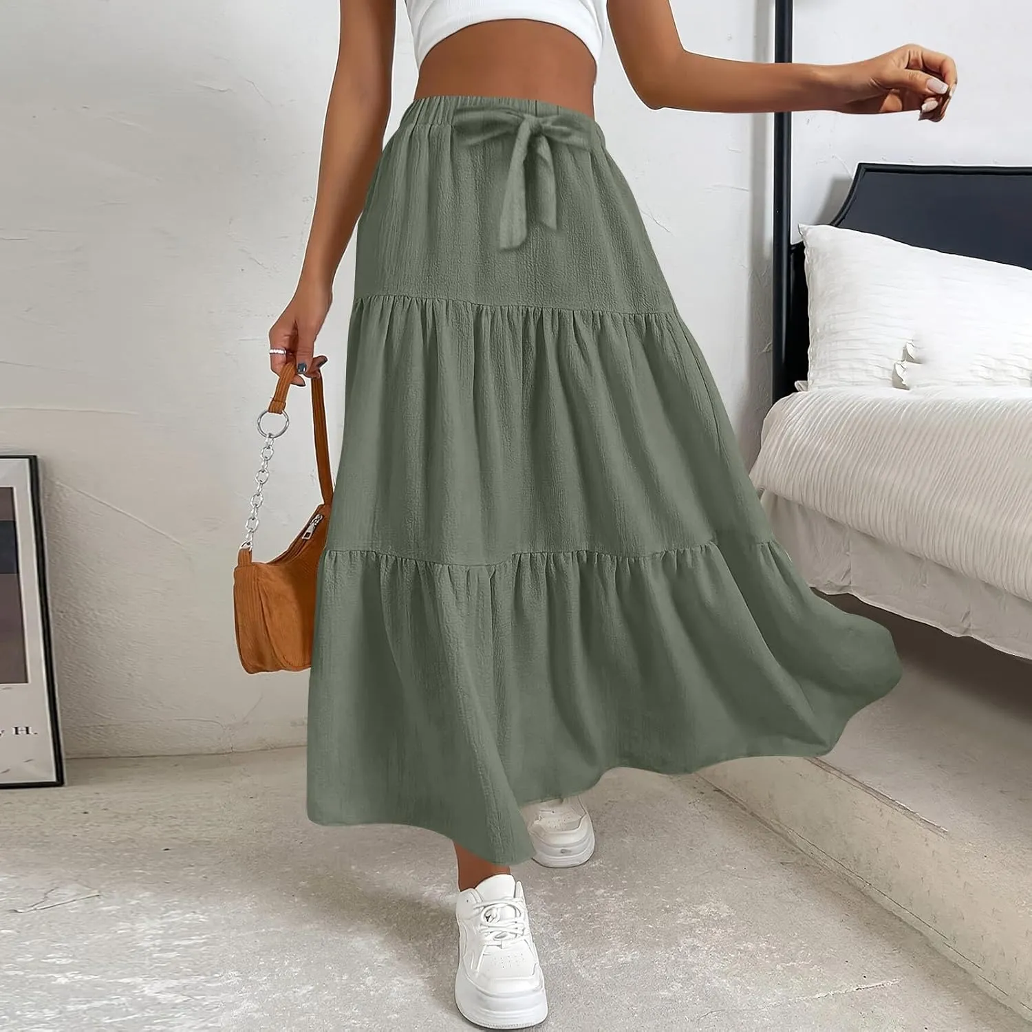 Linen Skirts for Women 2025 Casual Summer Bow High Waisted Tiered Maxi Skirt Flowy Vacation Beach Long Pleated Skirt
