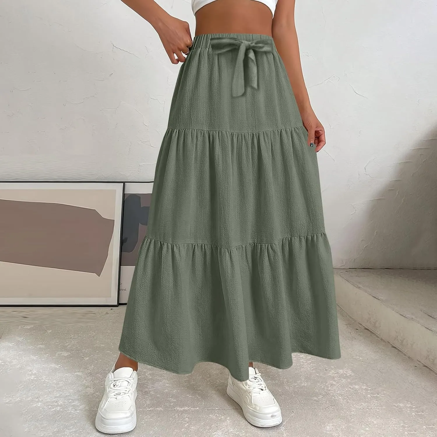 Linen Skirts for Women 2025 Casual Summer Bow High Waisted Tiered Maxi Skirt Flowy Vacation Beach Long Pleated Skirt