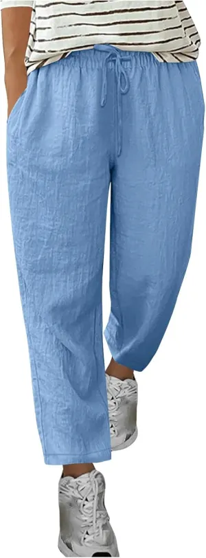 Lmdudan Plus Size Women Wide Leg Linen Pants Elastic Waisted Summer Cotton Linen Palazzo Pants Trendy Trousers with Pockets