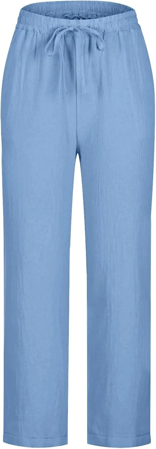 Lmdudan Plus Size Women Wide Leg Linen Pants Elastic Waisted Summer Cotton Linen Palazzo Pants Trendy Trousers with Pockets