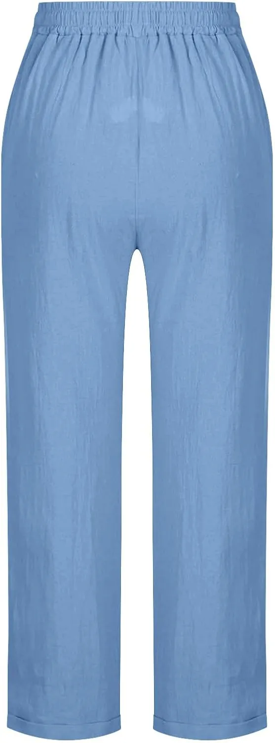 Lmdudan Plus Size Women Wide Leg Linen Pants Elastic Waisted Summer Cotton Linen Palazzo Pants Trendy Trousers with Pockets