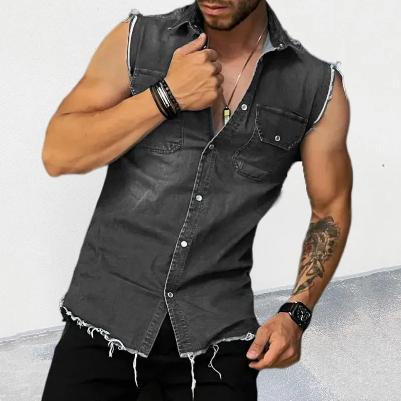 Men's Stylish Sleeveless Casualwear Polo Collar Denim Vest