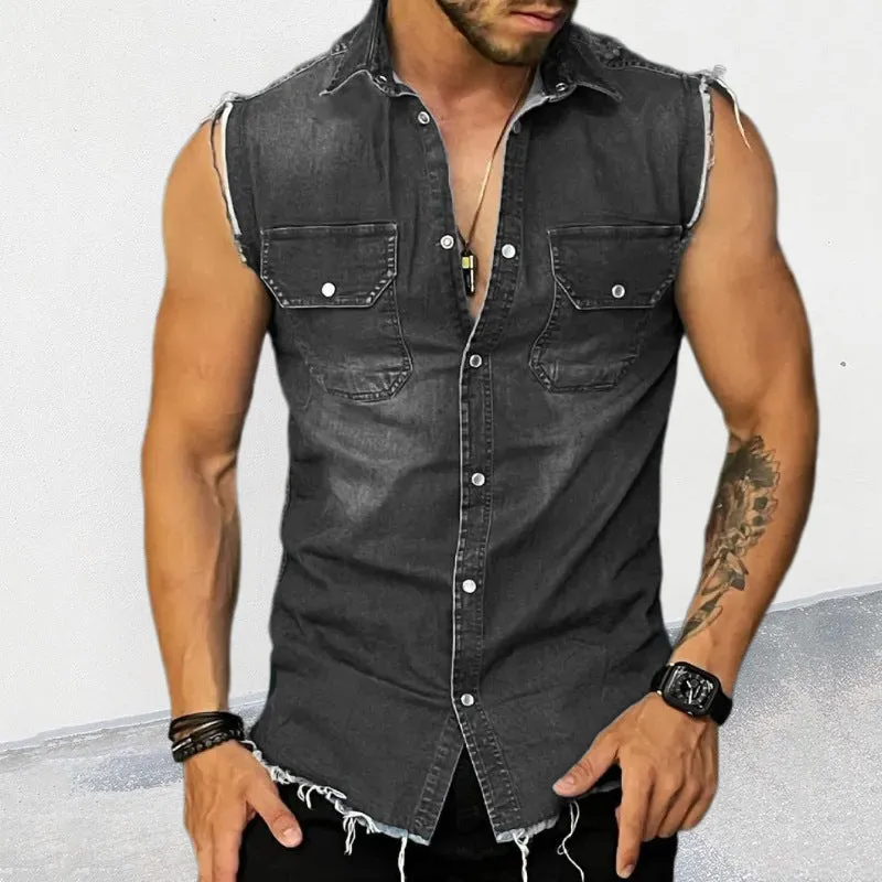 Men's Stylish Sleeveless Casualwear Polo Collar Denim Vest