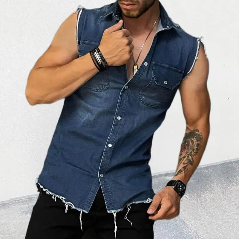 Men's Stylish Sleeveless Casualwear Polo Collar Denim Vest