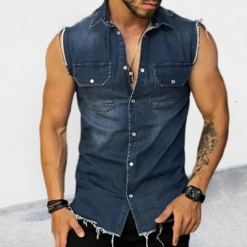Men's Stylish Sleeveless Casualwear Polo Collar Denim Vest