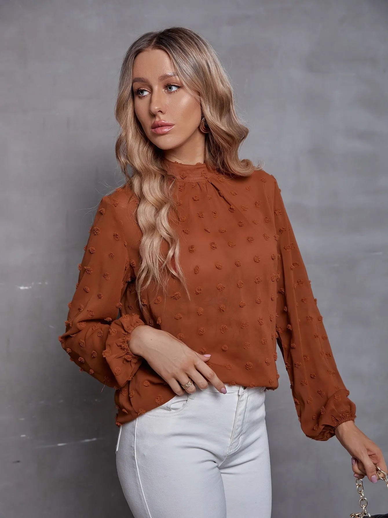 Mock Neck Swiss Dot Lantern Sleeve Blouse