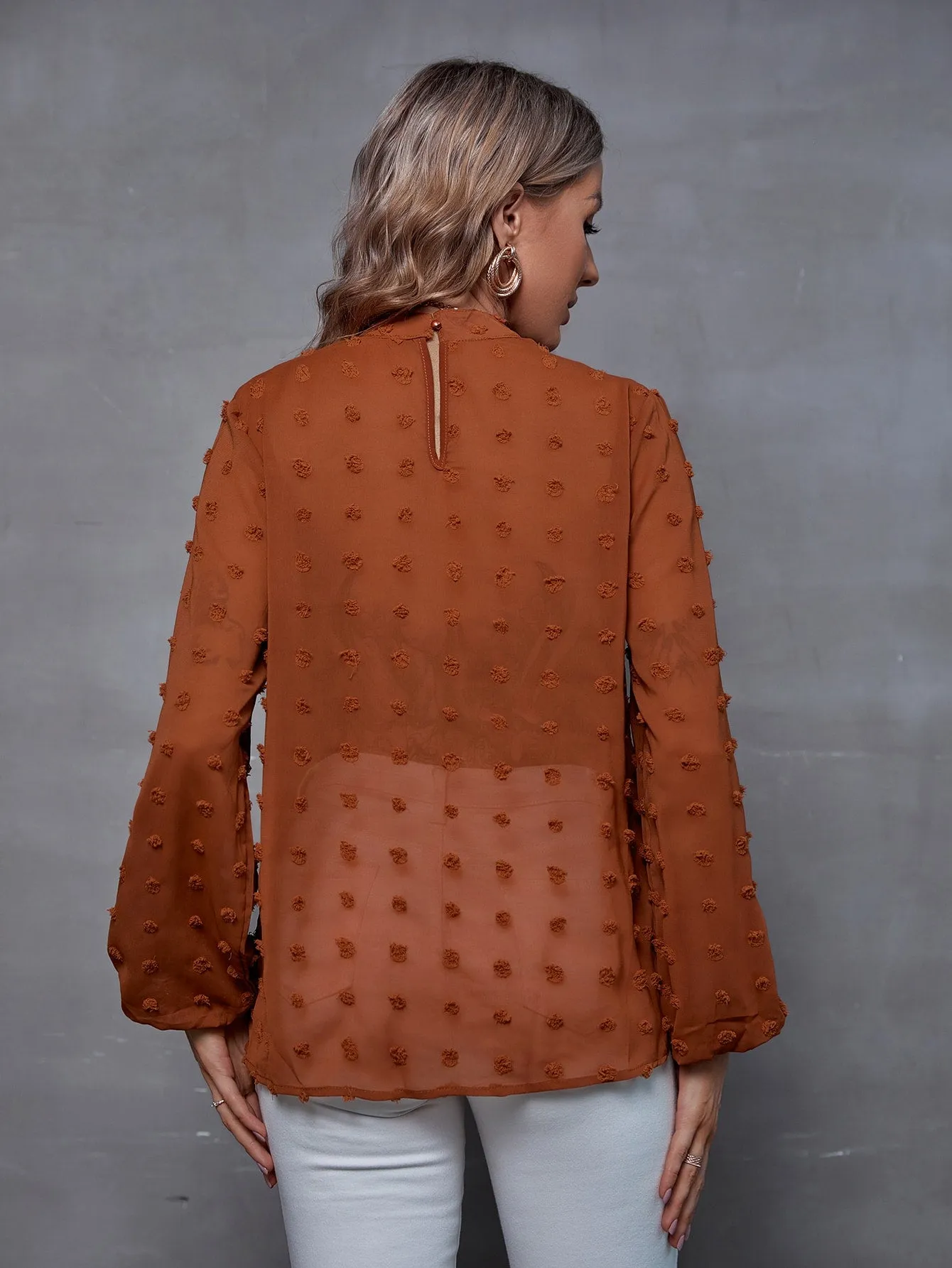 Mock Neck Swiss Dot Lantern Sleeve Blouse