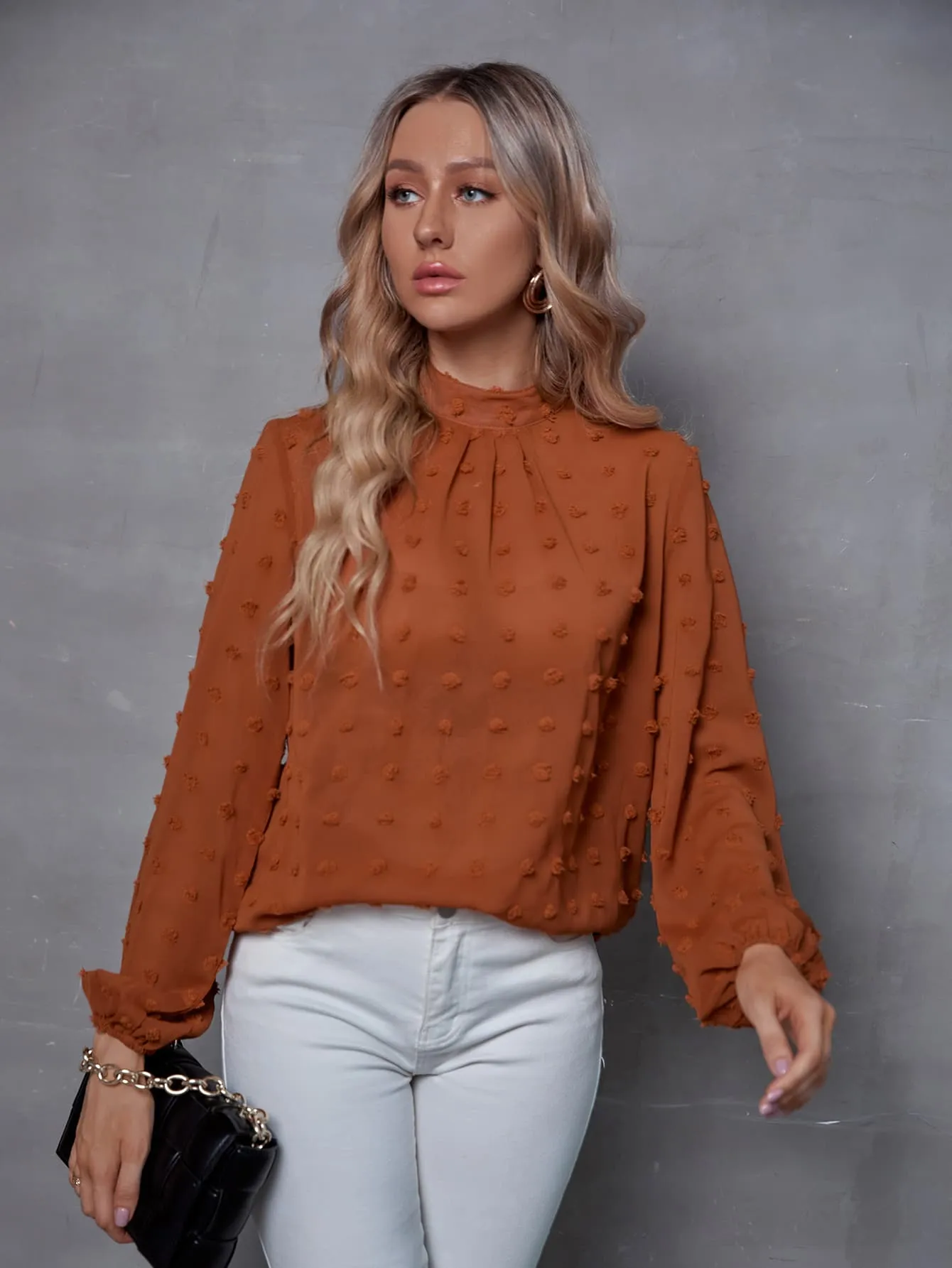 Mock Neck Swiss Dot Lantern Sleeve Blouse