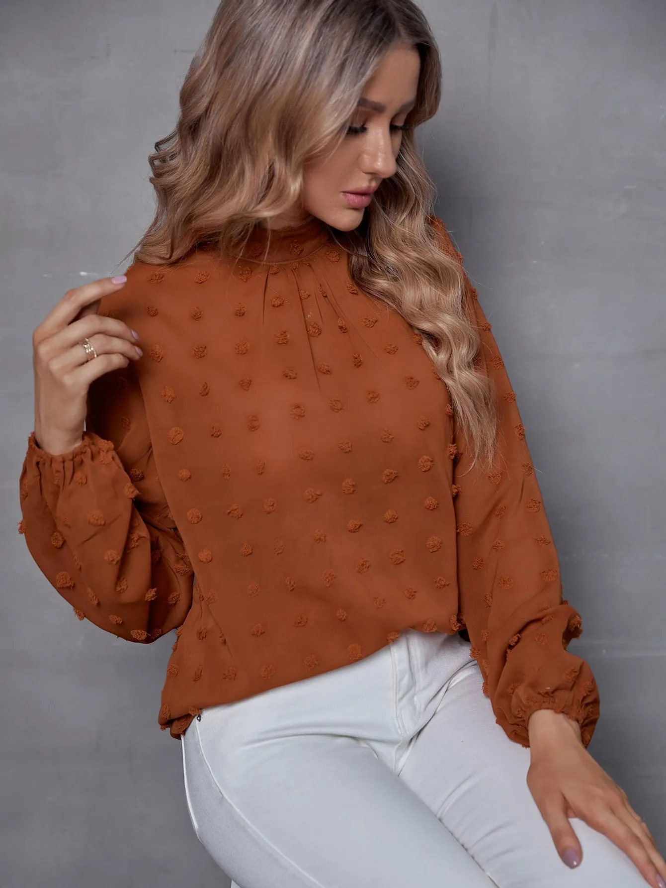 Mock Neck Swiss Dot Lantern Sleeve Blouse