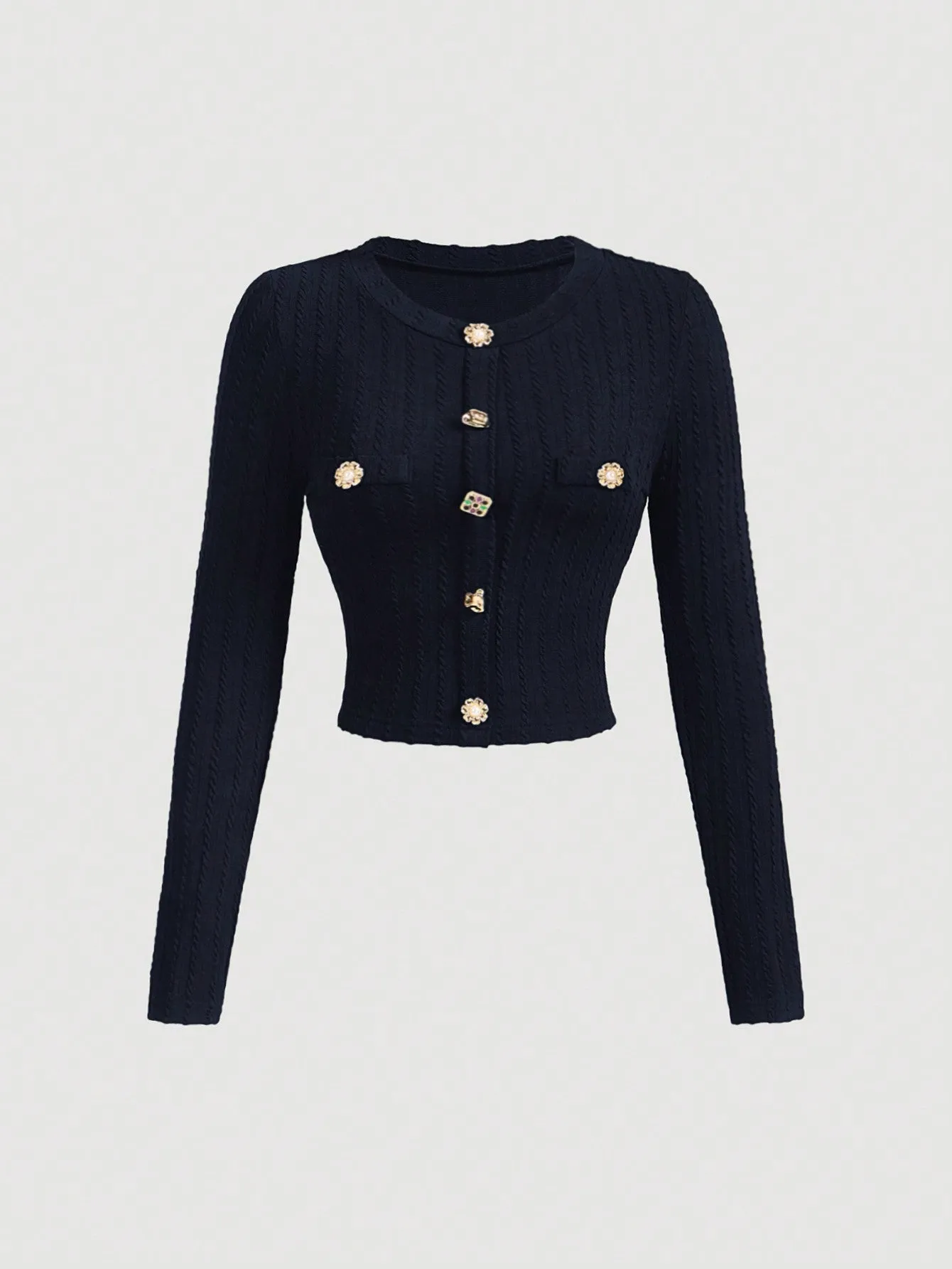 MOD Black Elegant Round Neck Metal Button Bell Sleeve T-Shirt Spring