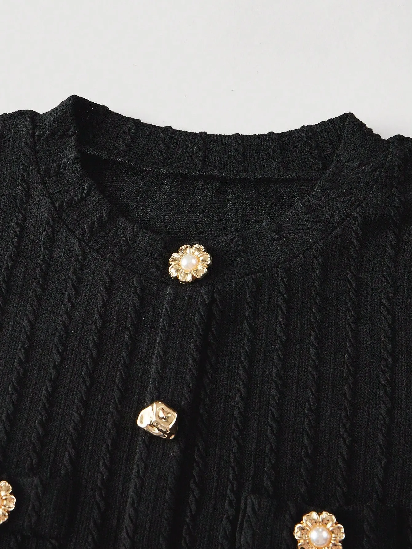 MOD Black Elegant Round Neck Metal Button Bell Sleeve T-Shirt Spring