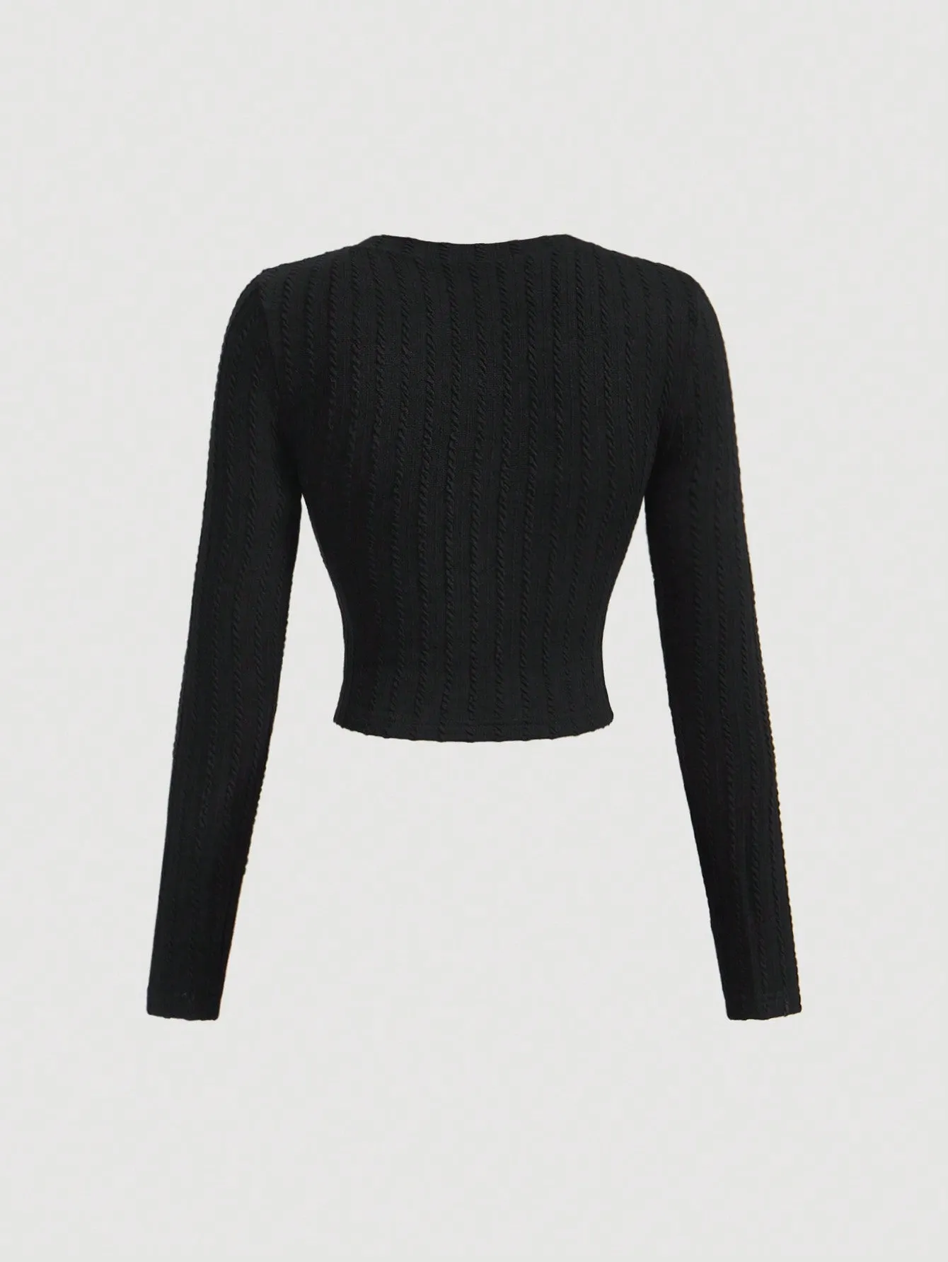 MOD Black Elegant Round Neck Metal Button Bell Sleeve T-Shirt Spring