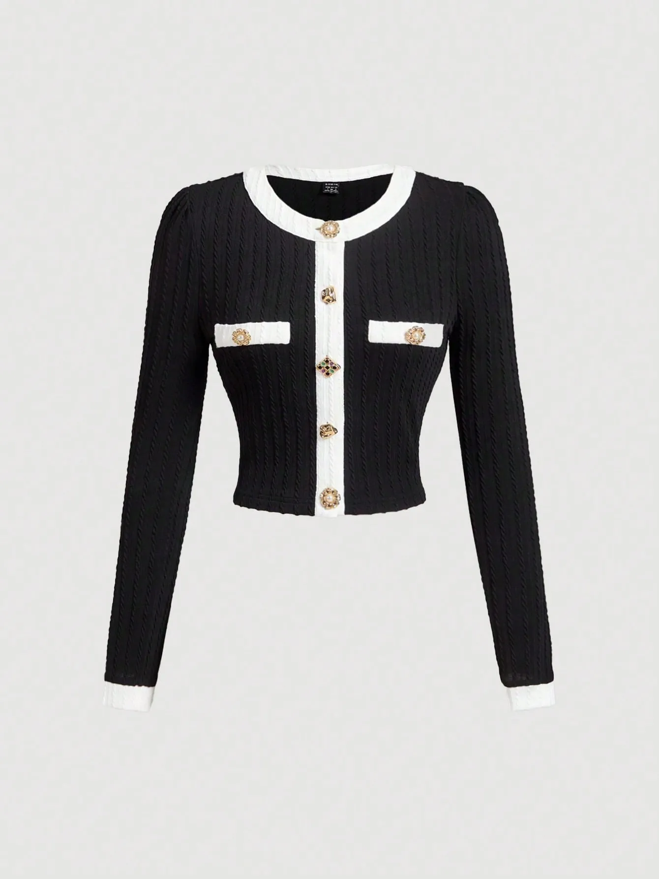 MOD Black Elegant Round Neck Metal Button Bell Sleeve T-Shirt Spring