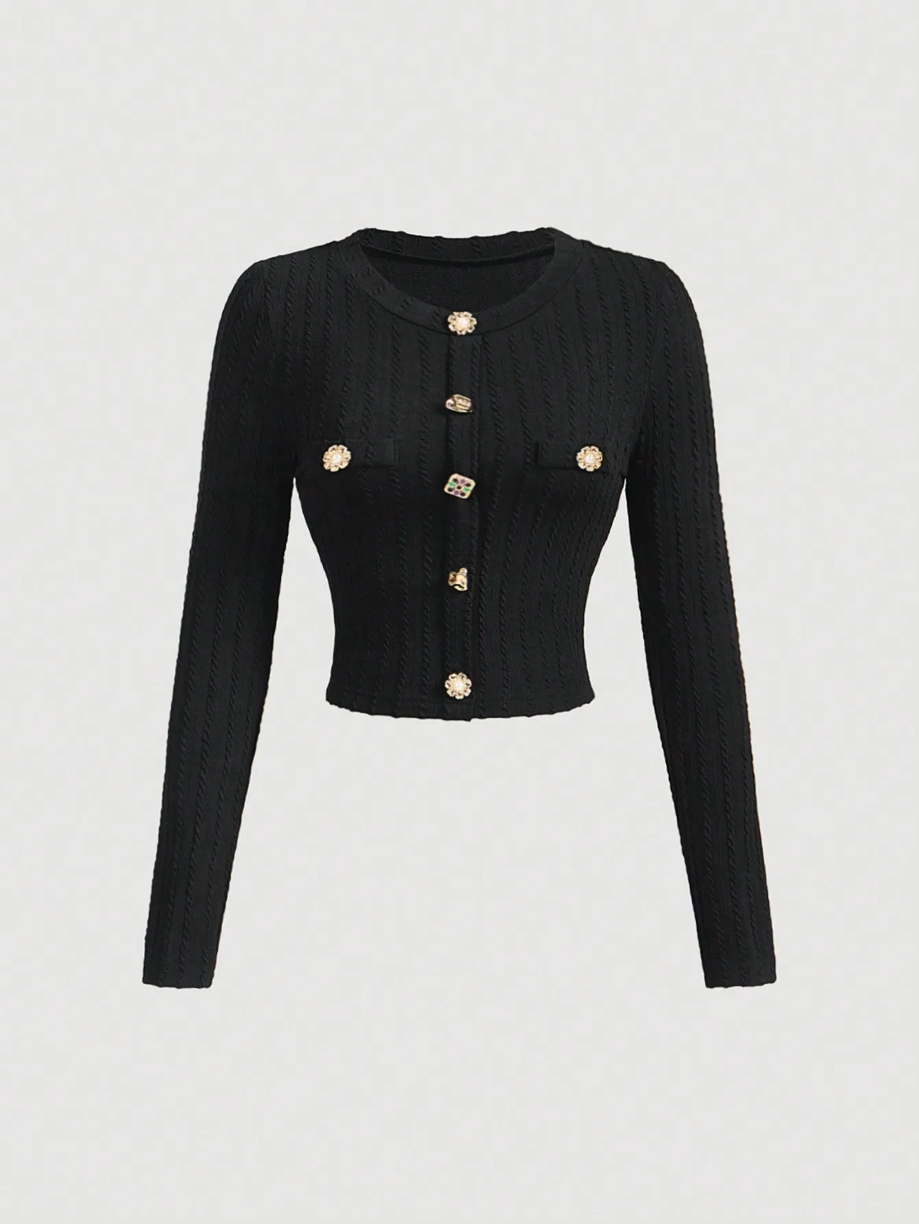 MOD Black Elegant Round Neck Metal Button Bell Sleeve T-Shirt Spring