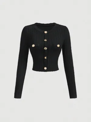MOD Black Elegant Round Neck Metal Button Bell Sleeve T-Shirt Spring