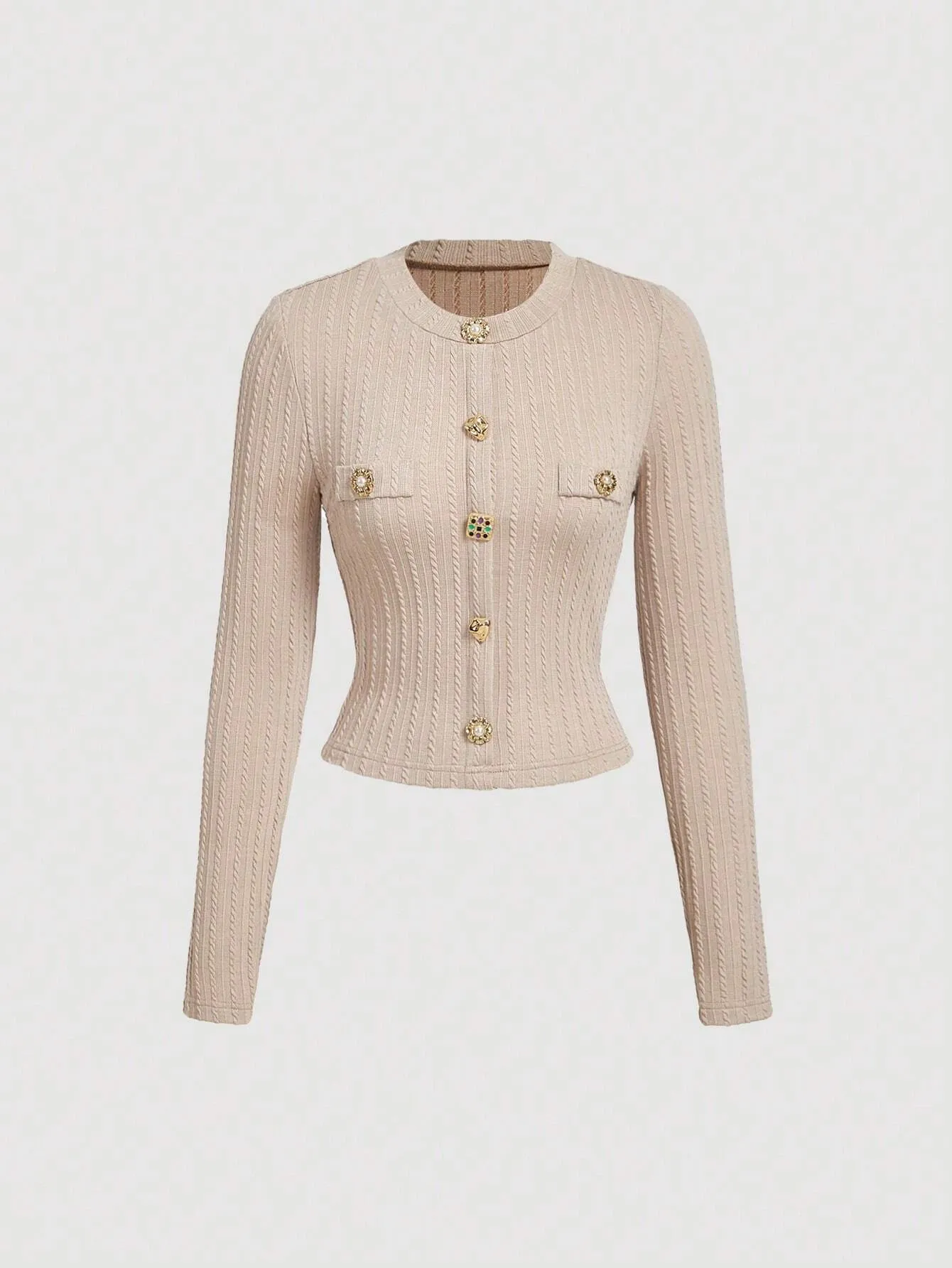 MOD Black Elegant Round Neck Metal Button Bell Sleeve T-Shirt Spring