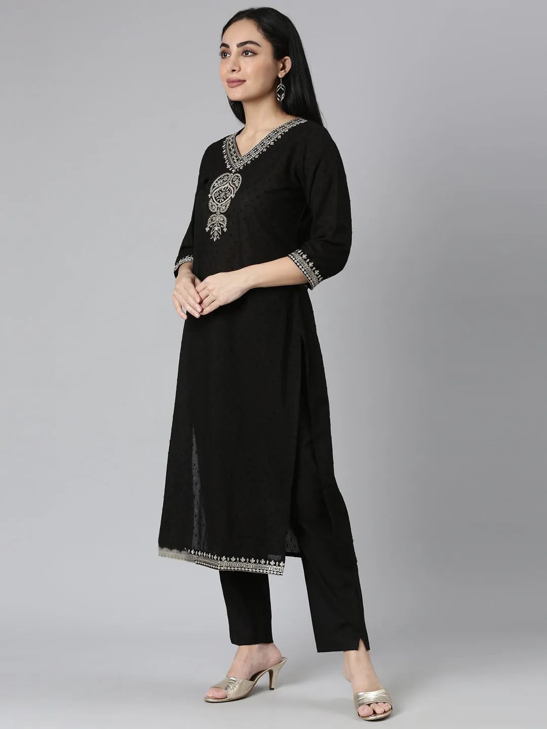 Neerus Black Regular Straight Solid Kurta and Trousers With Dupatta
