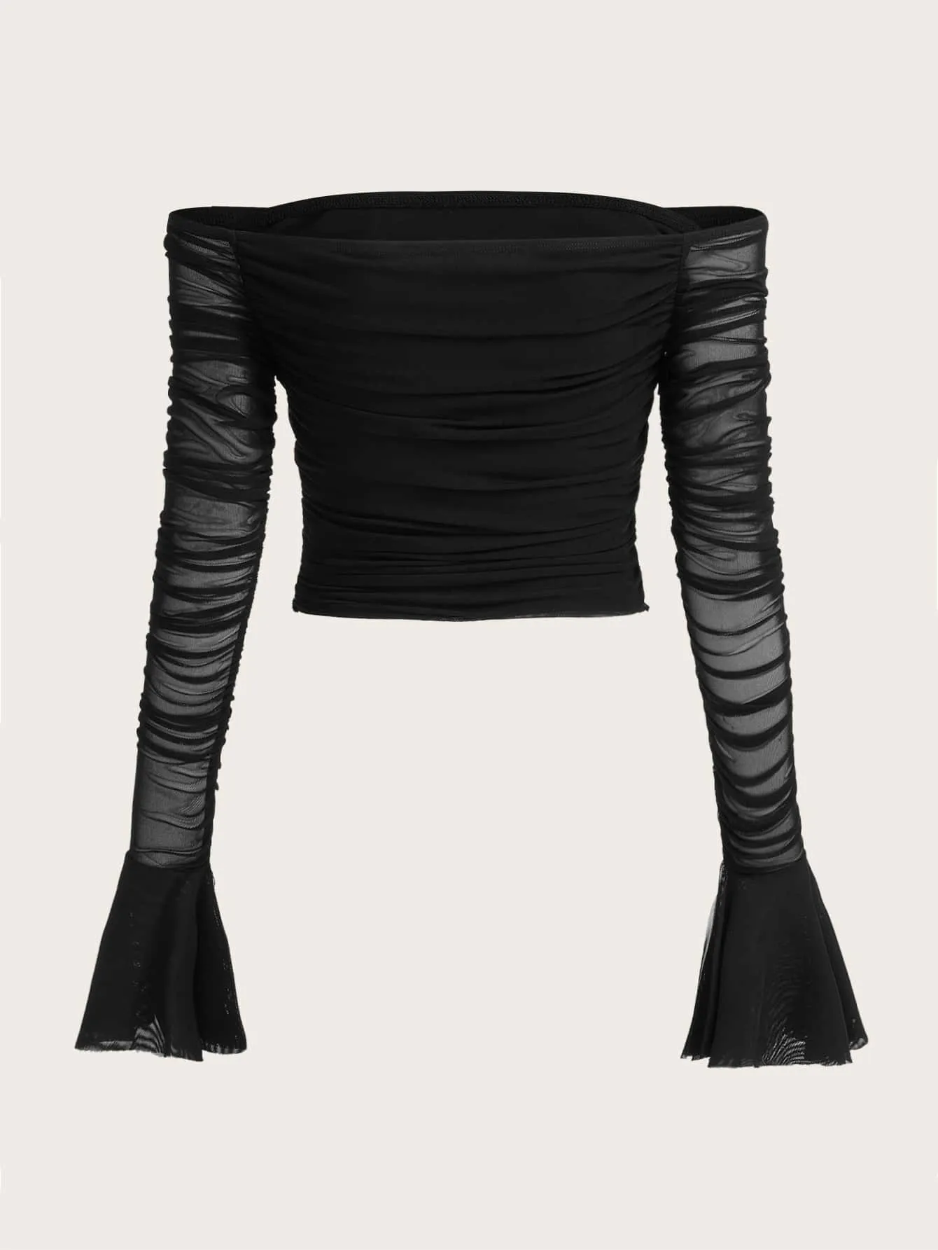 Off Shoulder Flounce Sleeve Ruched Mesh Crop Top