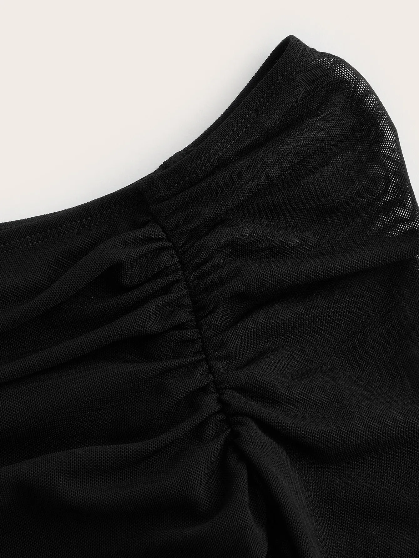 Off Shoulder Flounce Sleeve Ruched Mesh Crop Top