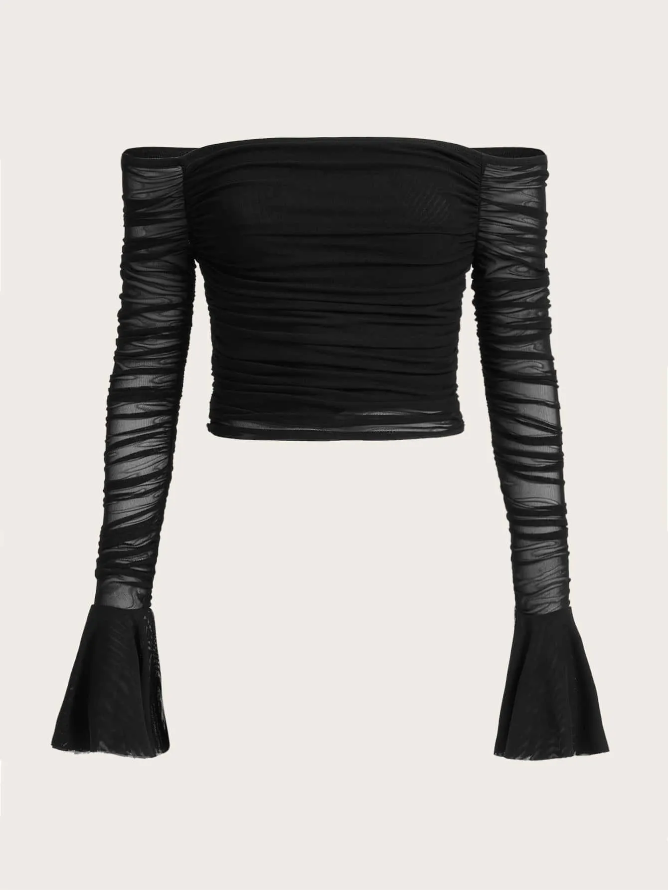 Off Shoulder Flounce Sleeve Ruched Mesh Crop Top