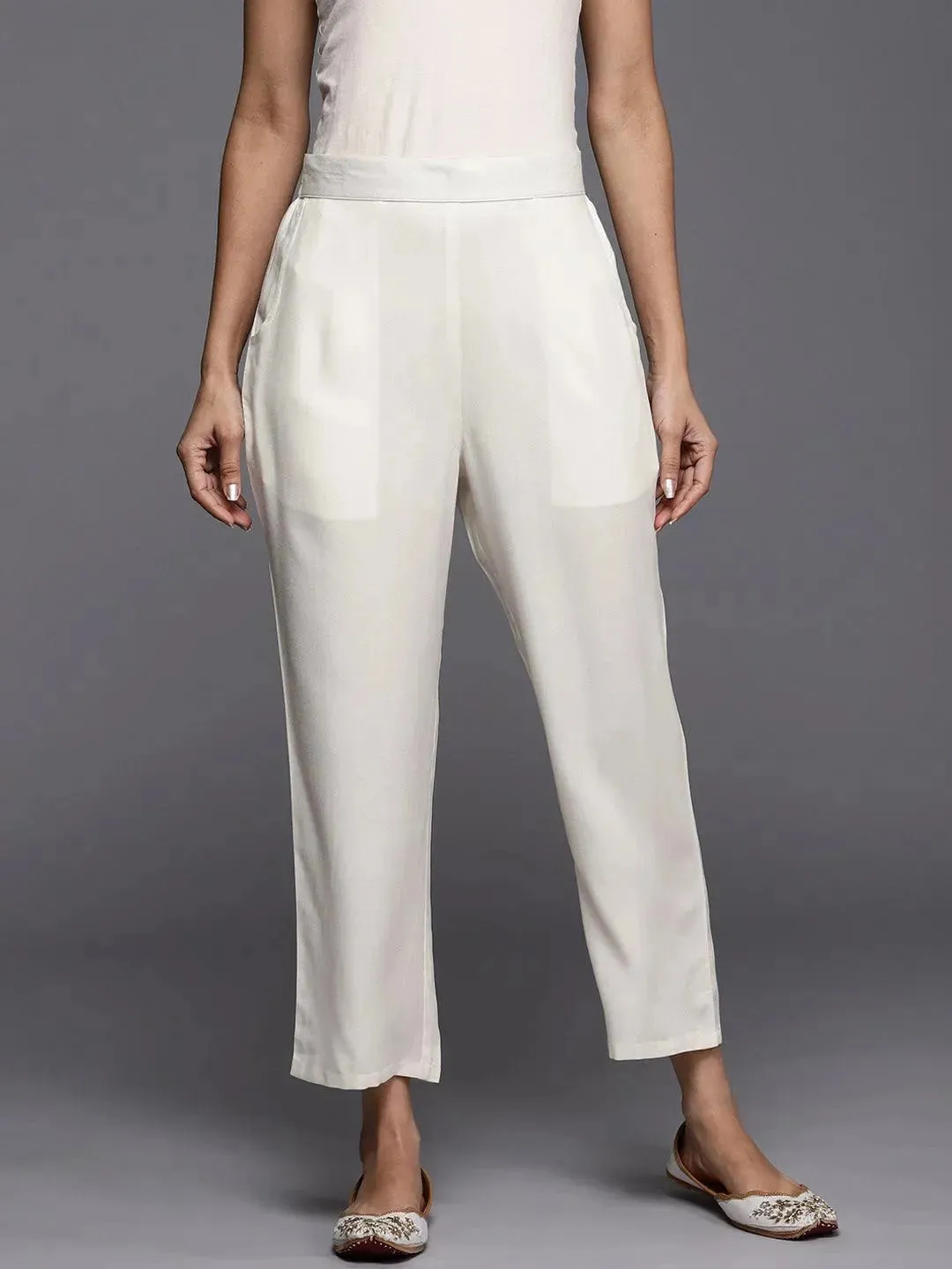 Off White Solid Pashmina Wool Trousers