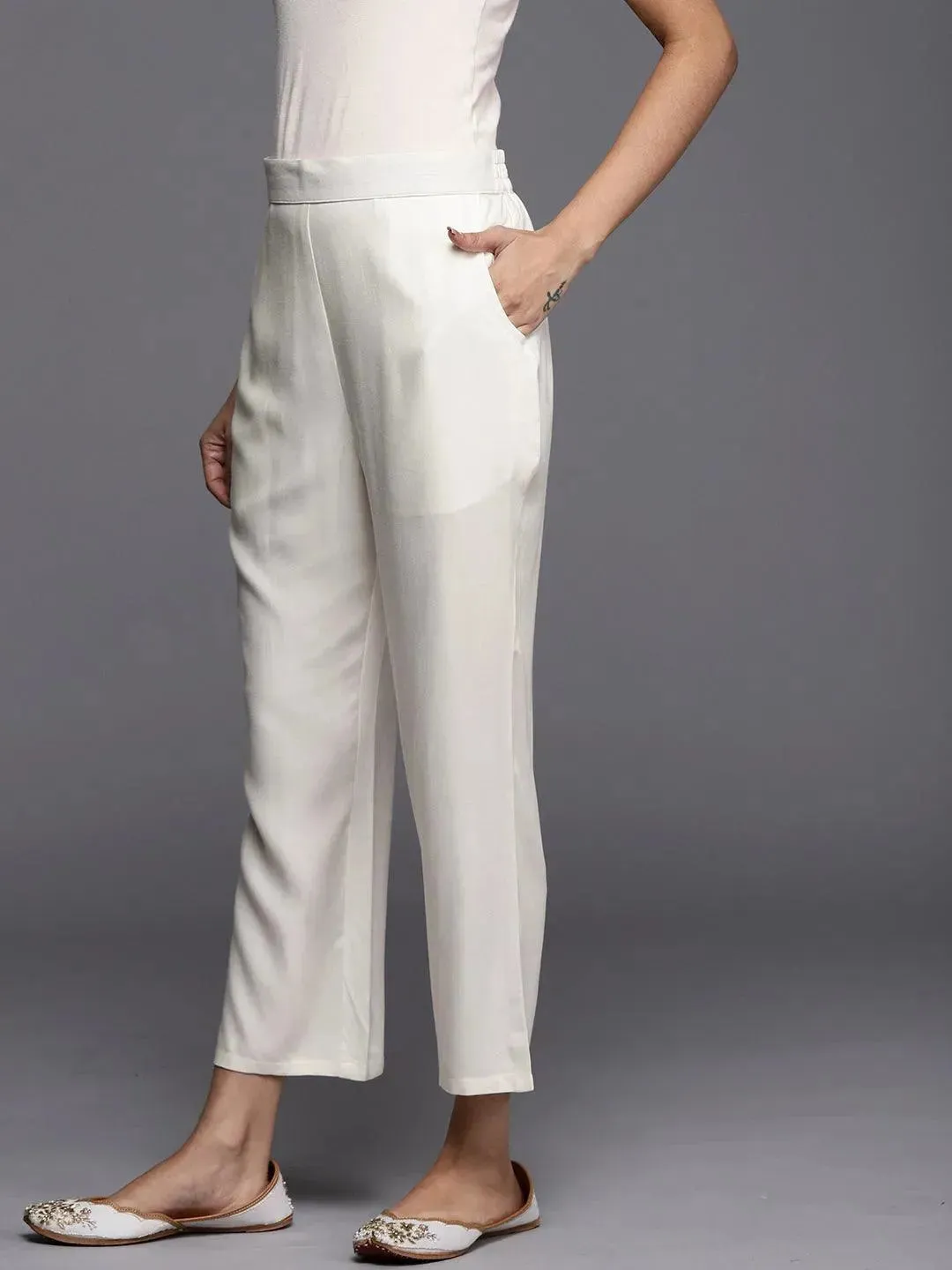 Off White Solid Pashmina Wool Trousers