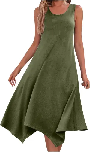 Open Box Deals Women's Hankerchief Hem Maxi Tank Dresses Summer Sleeveless Crew Neck Sundress Casual Ruffle A-Line Boho Dress Beach Dresses for Women Army Green 2X